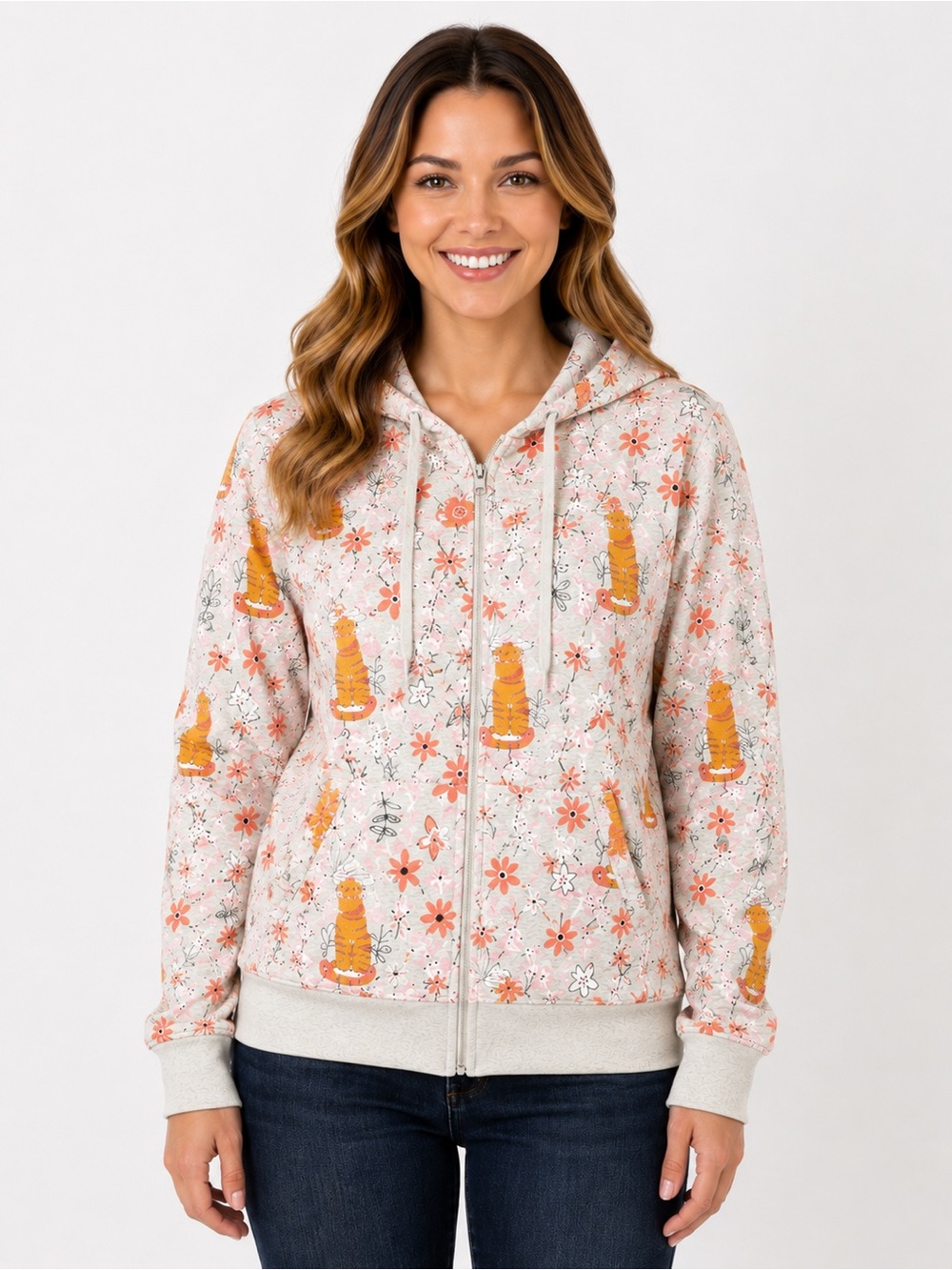 SM Wardrobe Tiger Floral Zip Up Hoodie Size Medium Fleece Lined Cottagecore